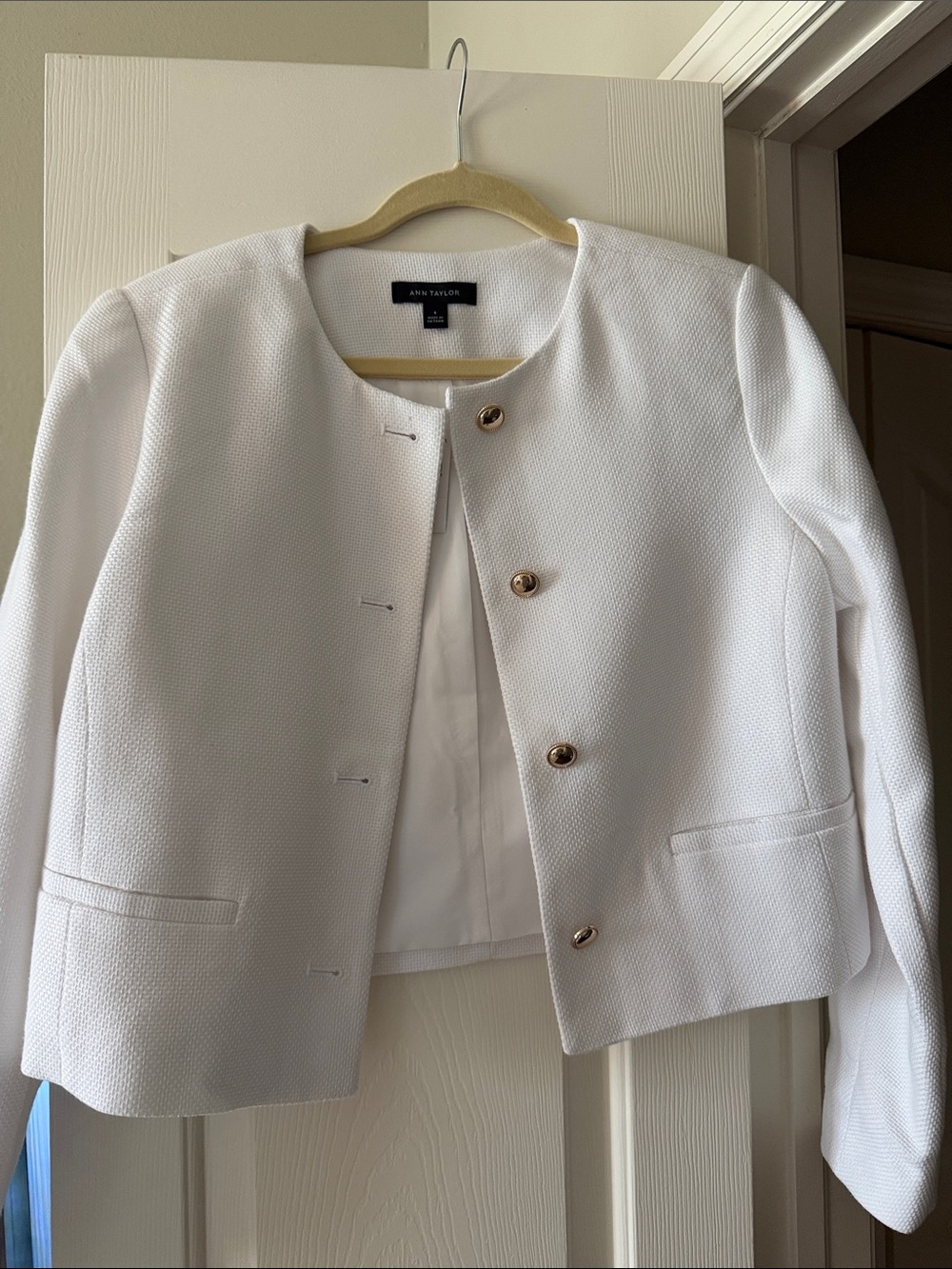 Ann Taylor White Textured Cropped Blazer with Gold Buttons